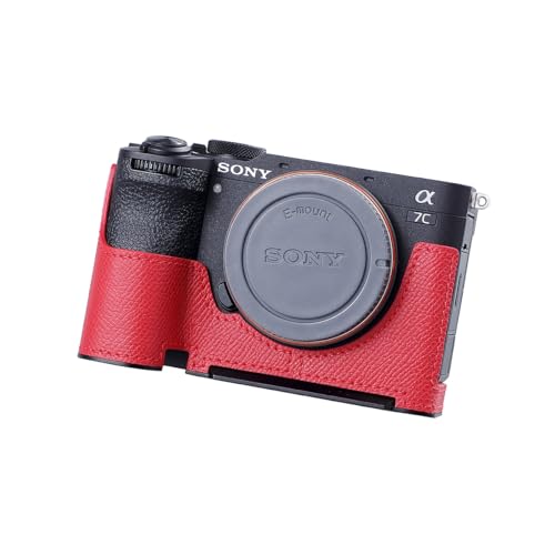 SIUTATDSH カメラハーフケース 適用 Sony A7C2 A7C M2 a7cii ビンテージメタル本革インスタントカメラ保護ケース スタイリッシュ ポータブル 耐衝撃 (レッド)