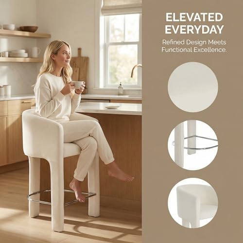 Image of HNY Modern Barrel Bar Stools Set of 2, 26 Inch Upholstered Velvet Counter Height Barstools with Back and Armrests, for Kitchen Island, Home Bar, Dining Room, No Assembly, Cream