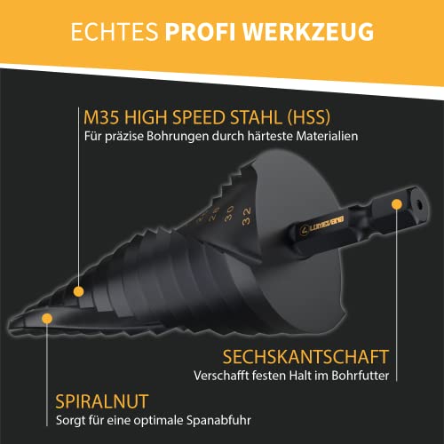 Foto von LUMEVANA® Stufenbohrer [3er Set] | Extrem scharfe Kegelbohrer für Blech, Leichtmetall, Kunststoff, Holz | Schälbohrer, Lochbohrer | Ø 4-12mm/4-20mm/4-32mm