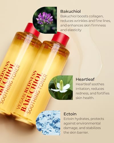 BE THE SKIN Vegan Redness Bakuchiol Soothing Toner - Ectoin + 7-Type Hyaluronic Acid, pH 5.5, Helps Calm Look of Redness & Support Skin Barrier, Alcohol-Free | Korean Face Toner 8.45 fl oz