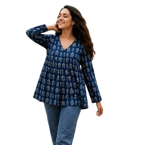 Image of Women's Printed V-Neck Short Kurti | Casual Long Sleeve Tunic Top