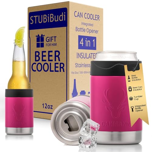 Image of Stainless Steel Beer Cooler With Bottle Opener, Vacuum Insulated Can Cooler 12 oz for Bottles Cans, 4-in-1 Universal Insulator Coozy for Bottles Cans, Best Gifts for Beer Lovers (Pink)
