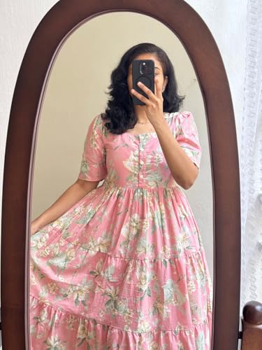 Image of Avayayat Women's /Girls Cotton Kurta for Women Floral Printed Anarkali Kurta || Floral Flared Western Dress Pink (in, Alpha, L, Pink)