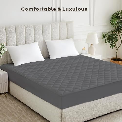 Image of Ayka 100% Waterproof Mattress Protector King Size 78x72 Cotton Quilted Bed Protector King Size Breathable Noiseless Ultra Soft | Elastic Fitted Mattress Cover | Bed Cover -6.5x6 ft, Grey