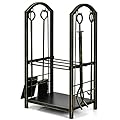 Goplus Firewood Rack with 4 Fireplace Tools, Wrought Iron Log Holders with Poker, Tong, Brush and Shovel, Indoor Outdoor Lumbar Storage Rack, Fireplace Tools Sets for Fire Pit, Wood Stove, Bronze