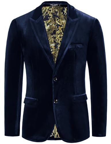 PJ PAUL JONES - Chaqueta de Terciopelo para Hombre, Dos Botones, Color Liso, Corte Entallado, para cenas, Fiestas, Bodas, Marino, Large
