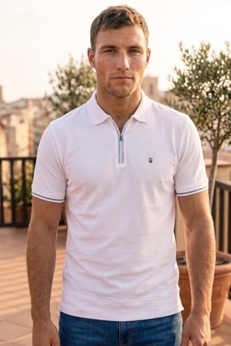 Image of Louis Philippe Men's Slim Fit Zipper Polo T-Shirt in 100% Cotton Pique Fabric for Casual Wear