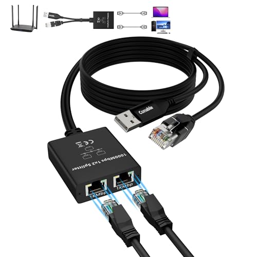 Gigabit Ethernet Splitter 1 to 2 Out Adapter, RJ45 Splitter with 6FT USB Power Cable and RJ45 Input Cable 3 in 1, Network Splitter 1 Male to 2 Female, 1K Mbps High Speed, Supports Cat5/5e/6/7/8 Cable