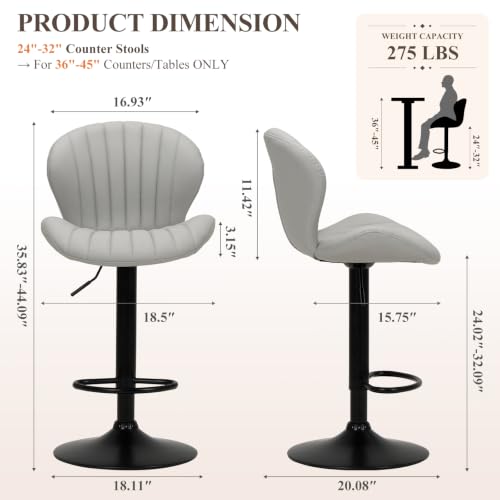 Image of MALOL Bar Stools Set of 2, Swivel Adjustable Height Leather Bar Chair,Grey