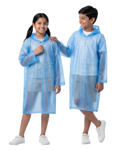 Image of Destinio Raincoat for Kids 6-12 Years, Waterproof Poncho for Kids, Thick PVC Knee Length Raincoat for Boys, Full Sleeve, Hood with Drawstring, Reusable Rain Coat for Girls, School Children