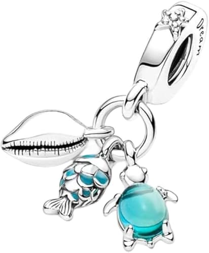 Colgante triple de plata de ley 925 con diseño de pez, tortuga marina y caracola, regalo de cuentas de joyería para mujer, pulsera y collar