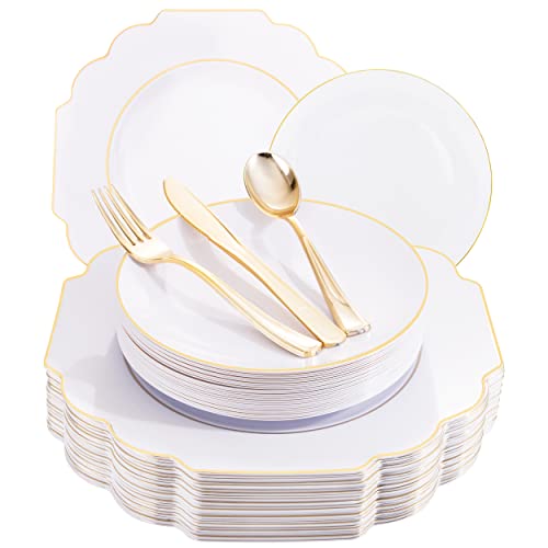 Supernal 150pcs Gold Plastic Dinnerware include White and Gold Disposable Square Plates,Gold Plastic Silverware Perfect for Birthday,Party,Wedding,Bridal Shower Supernal 150pcs Gold Plastic Dinnerware include White and Gold Disposable Square Plates,Gold Plastic Silverware Perfect for Birthday,Party,Wedding,Bridal Shower