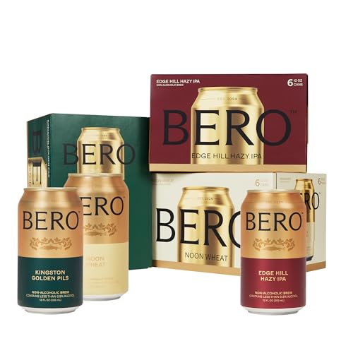 BERO Kingston Golden Pils, Edge Hill Hazy IPA & Noon Wheat Non-Alcoholic Beer Variety (3 x 6 Pack), 18-cans Craft Brew by Tom Holland, Alcohol Alternative NA Beer with Crisp, Hoppy & Citrus Flavors