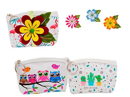 Lote de 12 Elegantes Monederos Búhos, Flamencos y Cactus con Flor. Carteras y Neceseres.Complementos. Regalos Originales. Detalles de Bodas, Comuniones, Bautizos, Cumpleaños. DC.