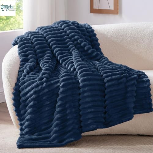 Image of Rangrika.in Ultra Soft Bed Blanket, Premium Flannel Fleece Plush Throw, Ribbed Texture Mink Touch, Lightweight Warm Cozy AC & Mild Winter Use, Machine Washable (Navy, Double)