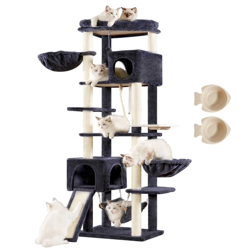 Hey-brother Cat Tree, 70.8 Inches Multi-Level Cat Tree Tower for Large Cats, Heavy Duty Cat Tower with Cat Condo,Baskets, Cat Scratching Posts, Big Hammock and Food Bowls, Smoky Gray MPJ036G