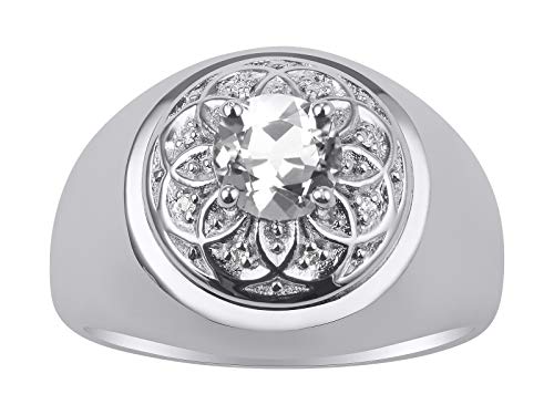 Image of Rylos Men's Designer Gypsy Ring with 7MM Round Gemstone & Diamond - Birthstone Rings in Sizes 8-13 in Sterling Silver