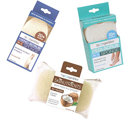 Spongeables Coconut Colada Spa Set, The Soap is in the Sponge, Includes Hand, Body, and Pedi-Scrub Sponges, Paraben-Free, Gluten-Free, and Vegan Friendly, Lasts for 20+ Washes, Variety Pack of 3