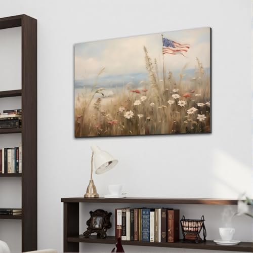 Image of Framed American Flag Wildflower Field Wall Art, Patriotic Rustic Canvas Art Pictures, USA Flag Coastal Meadow Wall Decor, Made in USA Ready to Hang for Living Room Bedroom
