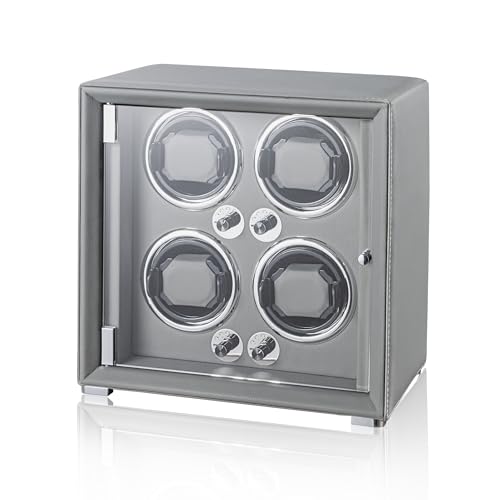 KOHUDIS Watch Winder for 2/4/6/9 Automatic Watches, high-end Leather Making, Super Quiet Mabuchi Motor, Two Power Modes, Built-in led Lights (Gray, 4 Slots)