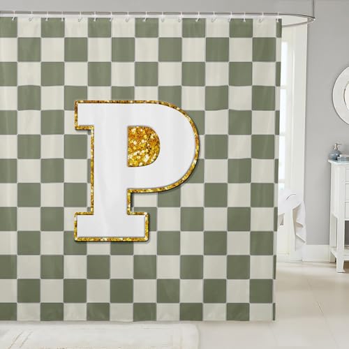 Image of Erosebridal Sage Green Checkered Bathroom Curtain Plaid Initial P Shower Curtain 72 inch Wx72 L Personalized Monogram Bathroom Accessories for Kids Adults,Fashion Grids Gingham Shower Decor