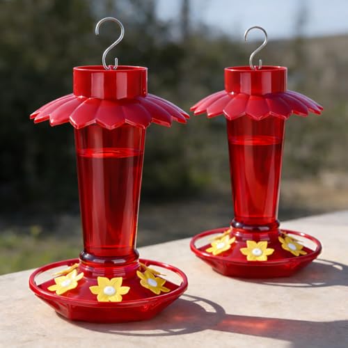 Fchstaer Plastic Hummingbird Feeders for Outdoors Hanging, 2 Pack 10 OZ Red Humming Bird Feeder with 6 Feeding Ports and Perch, Built-in Ant Moat, Gifts for Women Garden Decor