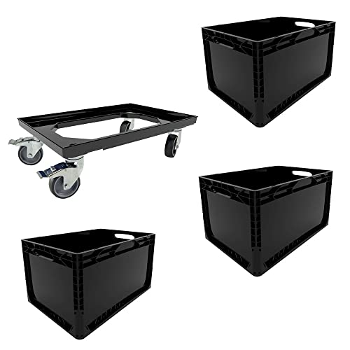 Set 3 Euroboxen + Rollwagen Transportwagen Transportroller Eurobehälter Lagerbox Schwarz Kistenroller Behälter Lagerkiste Stapelbox Lagerkasten Box...