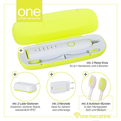 ONE:TWO:SHINE Doppelpack | Schallzahnbürste ONE | 2 elektrische Zahnbürsten mit 8 Aufsteckbürsten + 2 Zungenreinigern + 2 Reise-Etuis + 2 Ladestationen + 2 Netzteilen | lange Akkulaufzeit (Lime-Green) – Bild 3