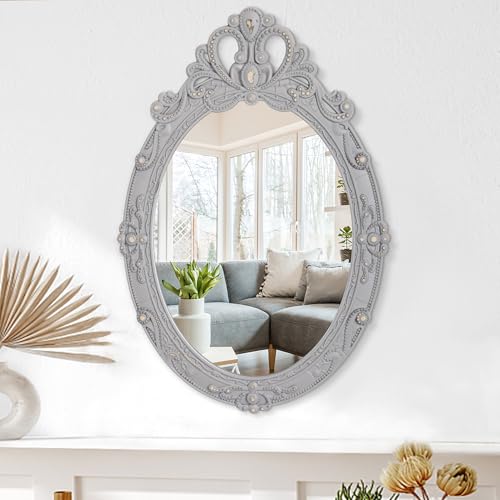 Lzuso Wooden Frame Mirrors Oval Wall Mirror Vintage Carved Hanging Mirror for Wall Baroque Style Rustic Aesthetic Mirror for Wall Home Living Room Bedroom Entryway Decor 24"x16"