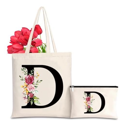 Letras Personalizadas Tote, Bolso Tote de Mujer con Inicial y Flores Bolsa de Compras con Bolsillo Interior, Alfabeto Bolso de Cosméticos Regalos para Damas Amigas Mamá Regalo de Cumpleaños Boda (D)