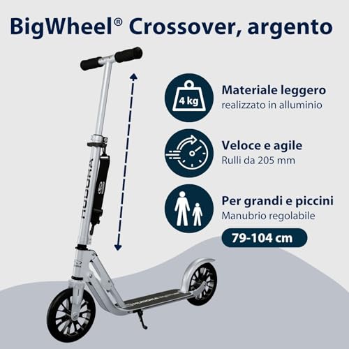 Hudora Monopattino Bigwheel 205, Monopattino In Alluminio Resistente, Monopattino Pieghevole Regolabile Con Cavalletto, Monopattino Sportivo Per Bambini E Adulti Fino A 100 Kg, Argento - 2