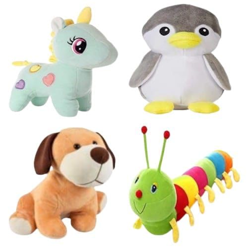 Image of Pack of 4 Elegant Soft Animals Stuffed Plush Fur Soft Toys Combo Set for Kids /Childrens /Boys /Girls Playing Birthday Gift Unicorn,Penguine,Dog,Caterpillar