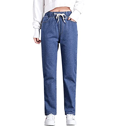 Jeans DéContractéS à Taille éLastique pour Femmes Pantalons De Jogging en Denim Extensible à Enfiler Pantalons De Jogging en Denim Slim RecadréS avec Pantalon De Poche (Bleu Marine,XL)