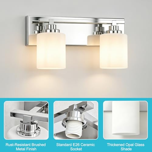 Image of Modern Bathroom Lighting Fixtures Over Mirror, Vanity Lights for Bathroom, Wall Sconces with Milky White Glass Shades, E26 Ceramic Socket, 2-Light 14-inch Chrome