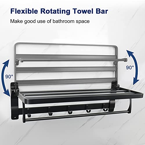 Nearmoon Bathroom Towel Rack, Foldable Double Towel Holder With Towel Bar And 5 Hooks For Bathroom/Kitchen, Thicken Space Aluminum Towel Shelf Wall Mount No Drill (23 Inch, Matte Black) #TOP3