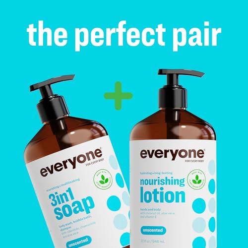 Image of Everyone 3-in-1 Soap, Body Wash, Bubble Bath, Shampoo, 32 Ounce (Pack of 2), Unscented, made for Men and Women | Fragrance-free | sensitive skin safe | shampoo + body wash + bubble bath | plant-based | bulk 2-pack | 64oz total