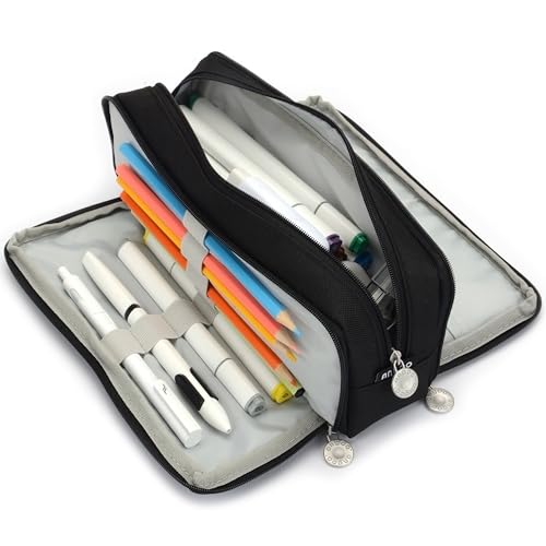 Image of Large Capacity Special Aesthetic Pencil Case Organizer with 3 Compartments, Big Preppy School Pencil Pouch Bag for Girls Women Adults, Pencil Holder Pen Pouch Cases (Black)