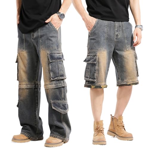 Men's Hip Pop Cargo Denim Pants Casual Straight Leg Loose Fit Detachable Jeans