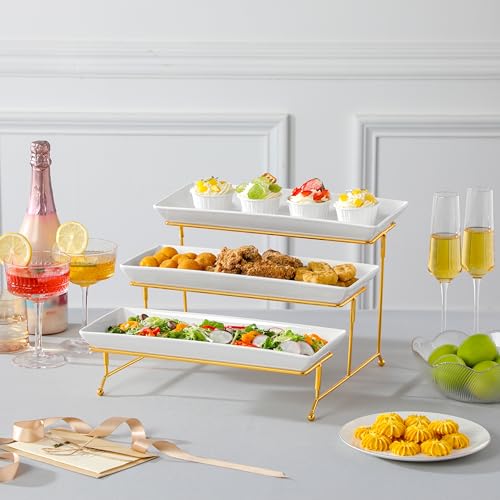MALACASA 3 Tier Serving Trays for Party, 14 Inch Porcelain White Trays for Serving Food, Dessert Stand with Collapsible Gold Metal Rack by MALACASA - Used condition - Image 8