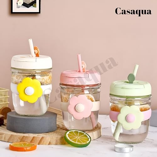 Image of Glass Tumbler with Lid & Straw - 300ml, Set of 1, Cute Daisy Glass Cup with Silicone Sleeve, Leakproof Reusable Drinking Glass for Iced Coffee, Juice, Milk, Smoothies & Tea, Travel Sipper Cup