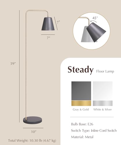 Image of HarvestLand Steady Floor Lamp, Reading Lamp for Living Room, Grey Brass | 345 Shade adjustable Reading Floor Lamp for overchair, Bedroom Lamp, home decor