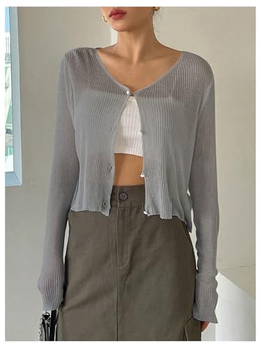 Image of Floerns Women's Ribbed Knit Long Sleeve Button Front V Neck Cardigan Crop Top