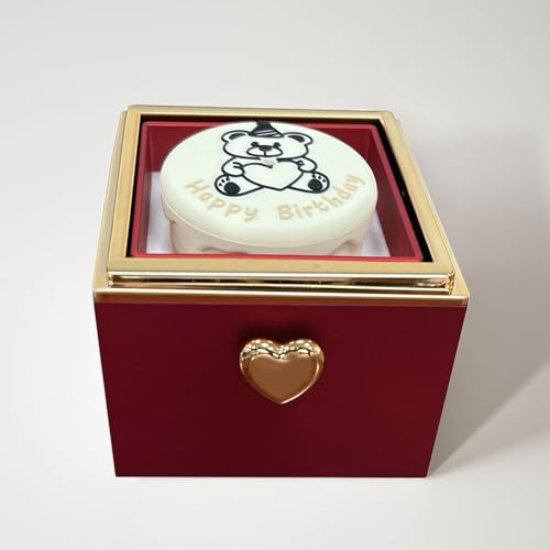 Image of Little Bear Cake Rotating JewelryBox for Proposal - Rotating Ring Box Engagement Ring Box, Surprise Box Ring Bearer Box, necklace box for Birthday,Necklace Holder with Fabric Interior (red)