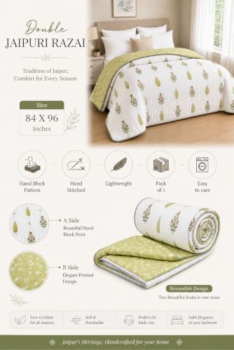 Image of RRC Jaipuri AC Quilt Double Bed | Floral Print Cotton Rajai | Lightweight 200 GSM Summer Comforter | Soft Cotton Quilt | Pack of 1