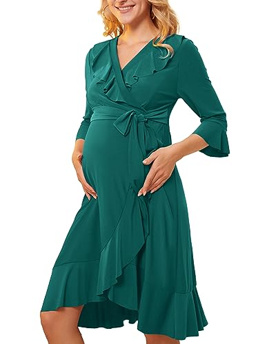 Maternity 2023 Fashion Faux Wrap V-Neck Dresses Long Sleeve Belt Swing Ruffle Hem Aline Dress Teal XXL