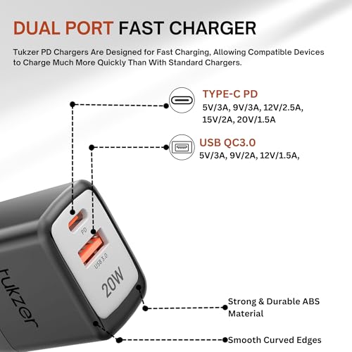 Image of Tukzer 20W Dual Port GaN3 Ultra 2X Faster Charger(Type C PD3.0 & USB QC3.0) Adapter for iPhone 16 /16 Plus /16 Pro /16 Pro Max, iPhone 15 /15 Plus /15 Pro /Max, 14 /13 /12 Series, Samsung, MacBook,Laptops-BLK