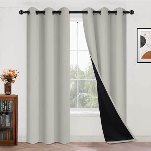 Image of Yakamok Cream Beige 100% Blackout Curtains 84 Inches Long 42 inch Wide 2 Panels | Blackout Curtain Panels for Bedroom, 2 Thick Layers Grommet Top Thermal Insulated Drapes with Black Liner for Living Room
