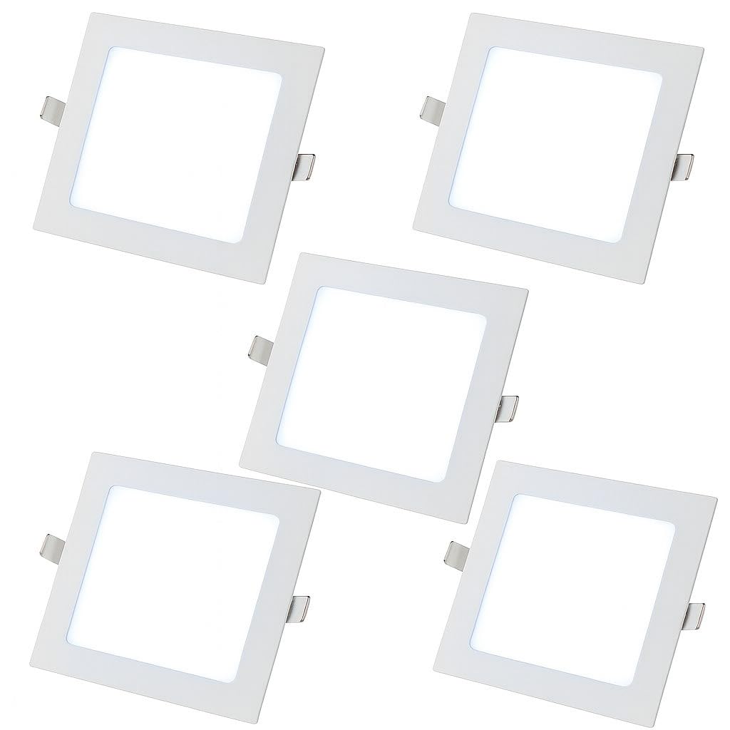 5 Pezzi Faretto LED da Incasso Quadrato 6500K Luce Bianca Fredda Ultra Sottile per Soffitto Cartongesso per Interno Esterno - Alta Luminosità e Design Moderno (18 Watt (22cm x 22cm))