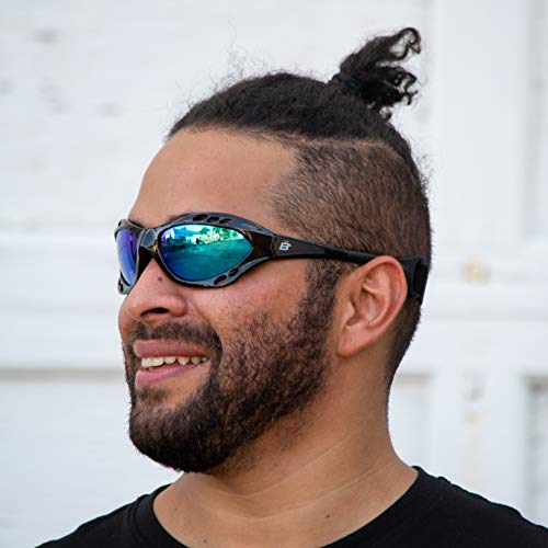 Birdz Eyewear Seahawk Padded Polarized Sunglasses Jet Ski Kayaking Watersports Jetski Goggles with Built in Strap Black Frame with Blue Mirror Lens4