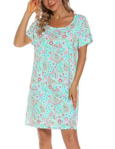 Image of ENJOYNIGHT Womens Cotton Nightgown Short Sleeve Sleepshirt Print Nightshirt | Short-Sleeve Crew Neck, Soft Cotton Fabric, Cartoon Printed Sleep Shirt, Loose Fit